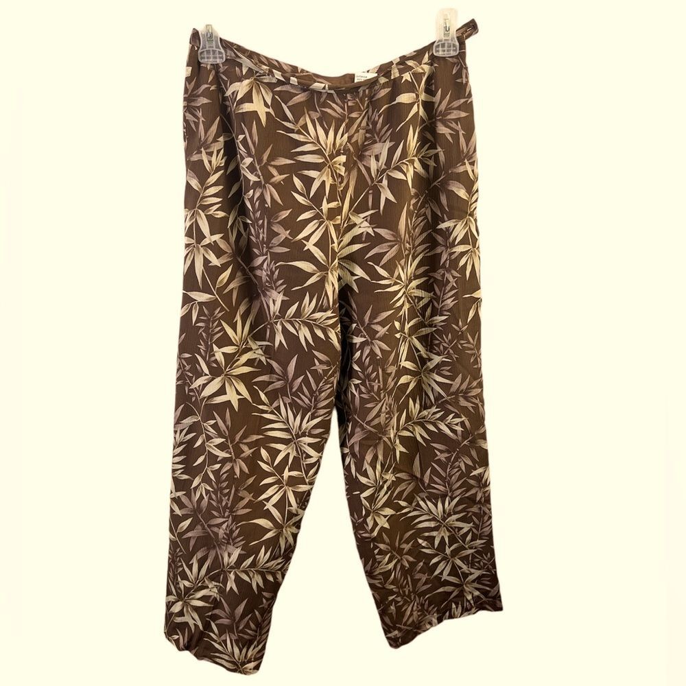 Talbots Women's 100% Silk Pants Sz 12 petite‎ Tropical Floral Leaf Print Brown